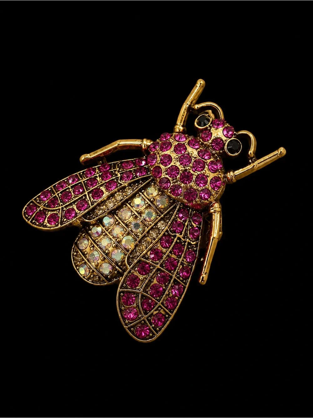 Gold-Tone Bee Brooch with Pink and Iridescent Crystals
